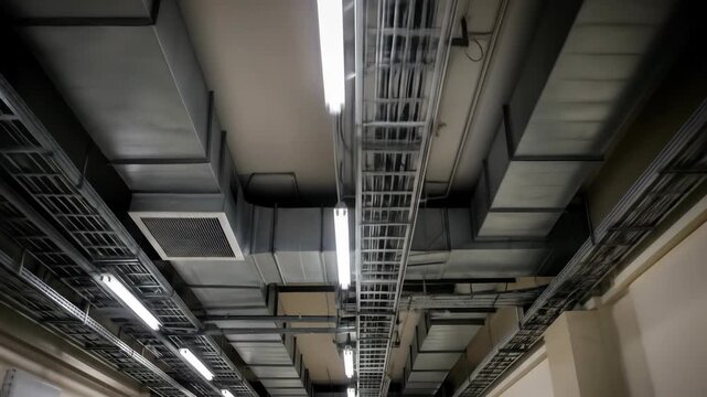 Air conditioning ducts and cable trays installed under the ceiling of a modern building, showing ventilation system and cable management.