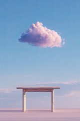 A pale pink cloud hovers above a simple, light-colored wooden table against a pastel sky