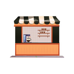 Illustration of a coffee shop with a sign and a drink machine