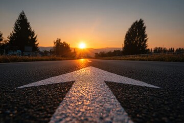 Sunrise highway. A bright sunrise over a road with a large white arrow pointing towards the horizon
