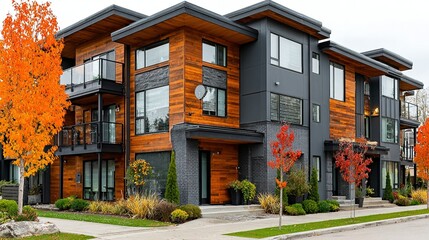 Naklejka premium Modern apartment building with wood and gray siding surrounded by autumn foliage.