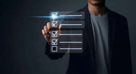 Man completing digital checklist online survey form with check marks and to do list app concept