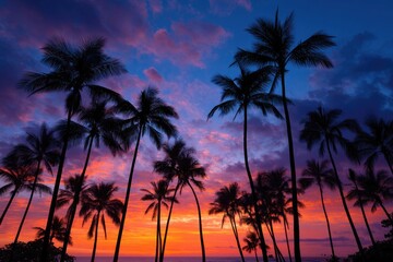 Fototapeta premium Silhouettes of palm trees against a vibrant sunset