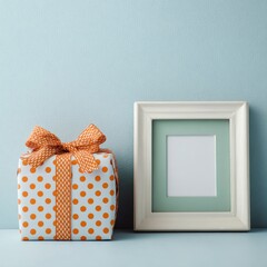 Gift box and picture frame on light blue background