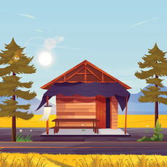 Illustration of a hut with a rural landscape, nature, trees, and sunlight