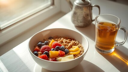 Healthy breakfast bowl with granola, fresh fruits, and tea
