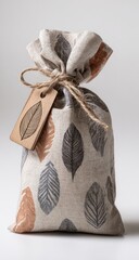 A fabric pouch, tied with twine, features a leaf print