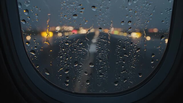 Rainy Landing Strip Through Plane Window: A view of a runway through a rain-streaked window, where droplets obscure the scene outside, the wet asphalt and illuminated lights give a somber atmosphere.