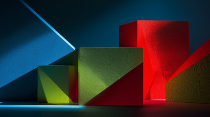 Abstract still life of geometric shapes in matte Red, Blue, and Green Lights