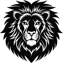 Lion Head Vector Illustration in Black and White with Detailed Mane