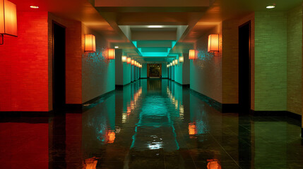 Minimalist architectural hallway bathed in Red, Blue, and Green Lights