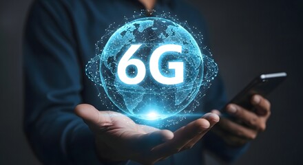 Person holding a digital globe with 6g text and a smartphone in a dark blue background color