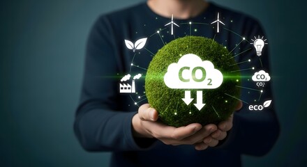 Person holding a green sphere with co2 cloud and environmental icons floating around it in hands