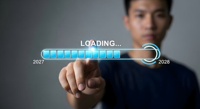 Loading bar concept from year to year progress indicator with man pointing at progress bar ui