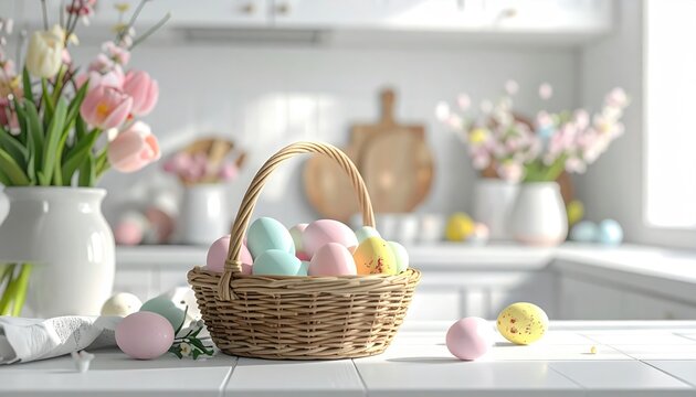 Easter still life eggs in a woven basket on a bright white kitchen counter, with soft pink tulips and spring blossoms in the background
