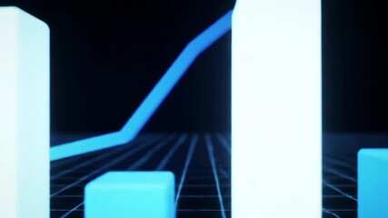 Dynamic glowing bar chart and line graph motion graphics rising on dark grid background with luminous data points. - Powered by Adobe