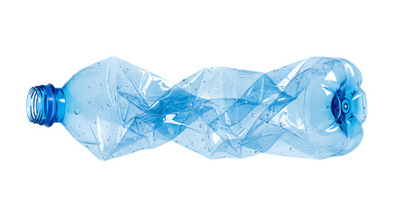 Crushed clear plastic water bottle with blue cap against a stark black background