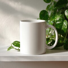 Blank white mug on a white shelf, next to a potted plant. Sunlight casts soft shadows