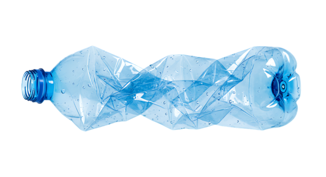 Crushed clear plastic water bottle with blue cap against a stark black background