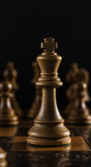 Chess King in Focus: A beautifully crafted wooden chess king stands prominently on a checkered board, symbolizing strategy, leadership, and the strategic intricacies of the game.