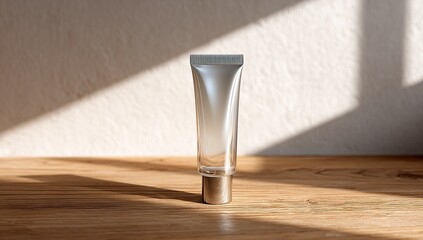 Silver tube of cream on a light wooden surface, sunlit