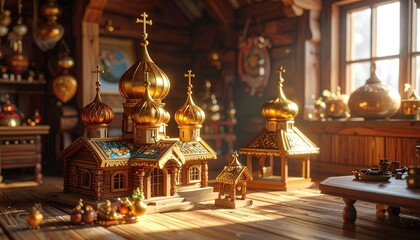 Obraz premium Wooden interior setting featuring miniature golden-domed cathedral, wood toys, and sunlight creating a cozy, ornate, and detailed scene