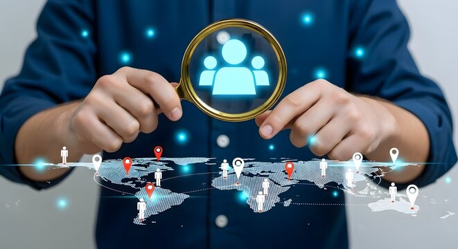Person holding magnifying glass over people icon above world map with location markers graphic