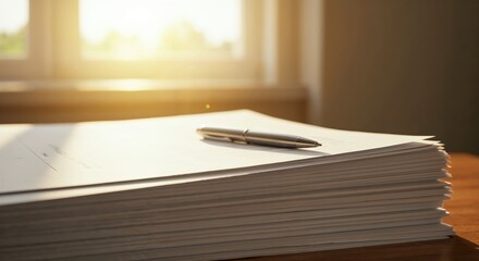 The Quiet of Reflection: A pen rests on a stack of crisp, clean paper, bathed in the warm glow of sunlight filtering through a window, evoking a sense of calm, thought and contemplation.