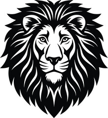 Lion Head Vector Illustration in Black and White with Detailed Mane