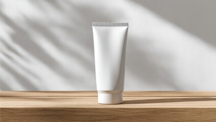 Empty white tube of cosmetic product on light wooden surface, bathed in sunlight and shadows