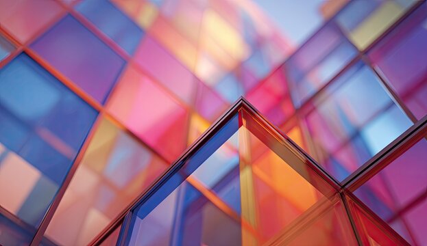 Colorful glass facade of a modern building.  Close-up view