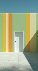 A vibrant, minimalist exterior scene featuring a pale green, light orange, and pale yellow striped wall with a white door