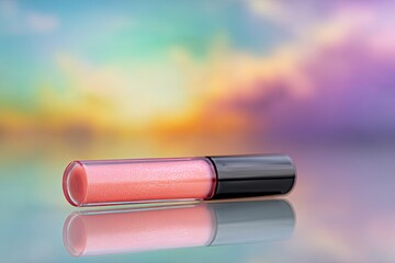 Pink lip gloss tube on reflective surface. Soft sunset colors in background
