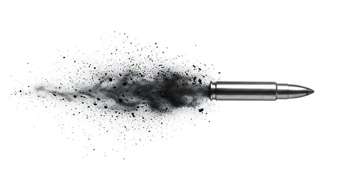 Silver bullet in mid flight creating a dramatic cloud of smoke and debris against a black background