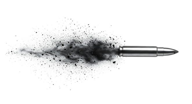 Silver bullet in mid flight creating a dramatic cloud of smoke and debris against a black background