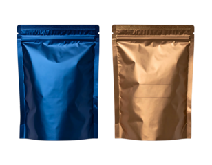 Two foil-lined pouches, one blue, one tan, with zipper closures