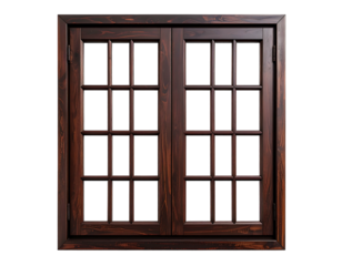 Dark brown wooden double-hung window with divided panes (1)