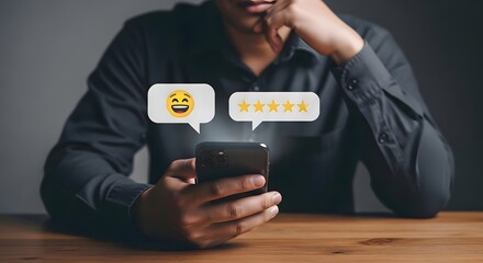 Person using smartphone with emoji and five star rating speech bubbles above the device screen