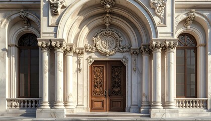 Ornate building facade with arched doorway flanked by columns, topped with decorative carvings and symmetrical arched windows