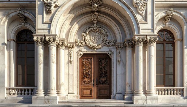 Ornate building facade with arched doorway flanked by columns, topped with decorative carvings and symmetrical arched windows