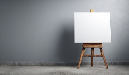 Blank canvas on wooden easel against a gray wall