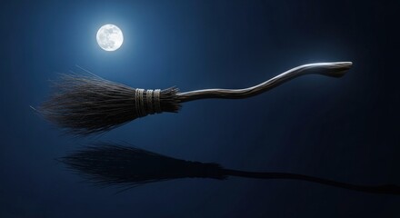 Witch's broom flying across the night sky with a full moon shining above