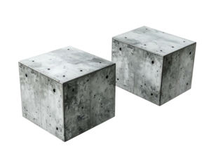 Two gray concrete cubes, roughly textured, with holes