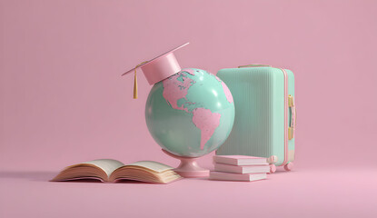 Pastel colored globe with graduation cap sits near suitcase and books against a pink backdrop, symbolizing education and travel for future adventures.
