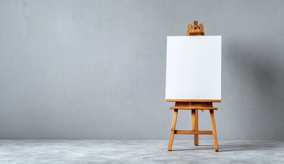 Simple wooden easel with blank canvas against a neutral wall