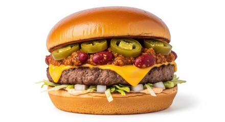 Beef burger with chili and jalapeno isolated on white background