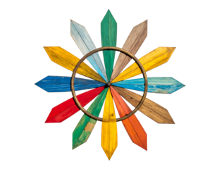 Colorful wooden spokes radiate from a central metal circle