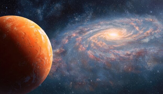 Planetary view of a vibrant orange planet next to a swirling galaxy