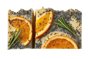 Two halves of a handmade soap bar, creamy off-white base with embedded poppy seeds, adorned with orange slices and rosemary sprigs