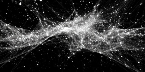 Abstract network of light points against a dark background.  Intricate web-like structure